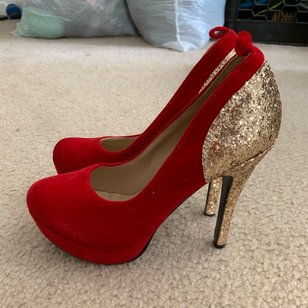 Red Velvet and Gold stiletto heels